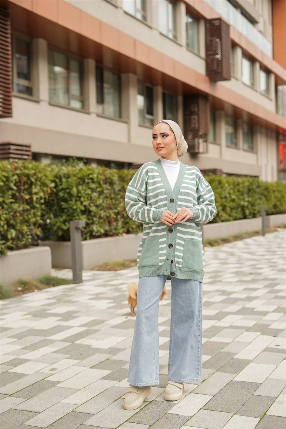 Çizgili Desen Triko Hırka 8896 Mint