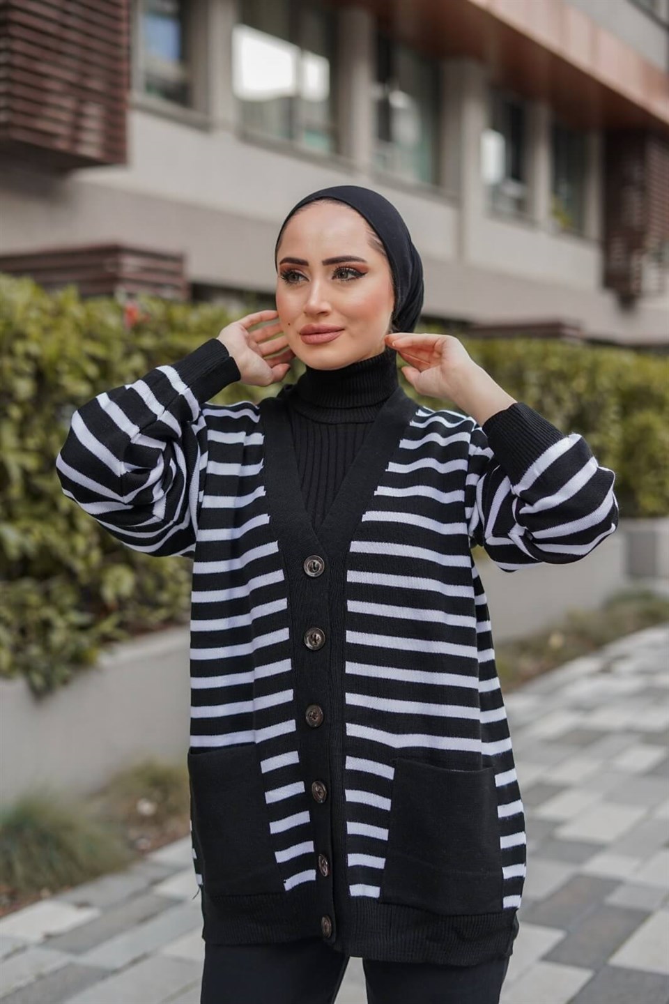 Çizgili Desen Triko Hırka 8896 Siyah
