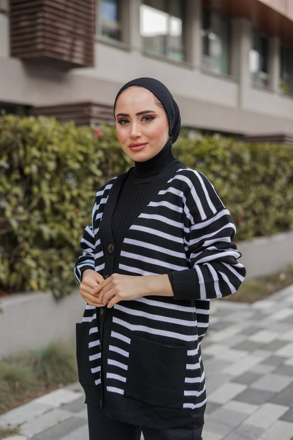 Çizgili Desen Triko Hırka 8896 Siyah
