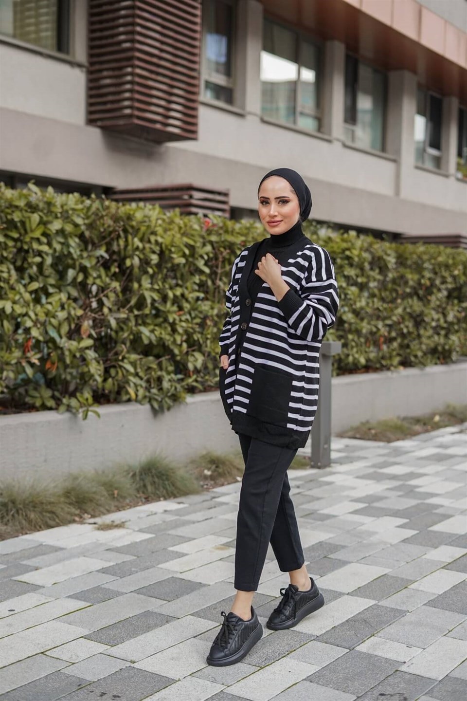 Çizgili Desen Triko Hırka 8896 Siyah