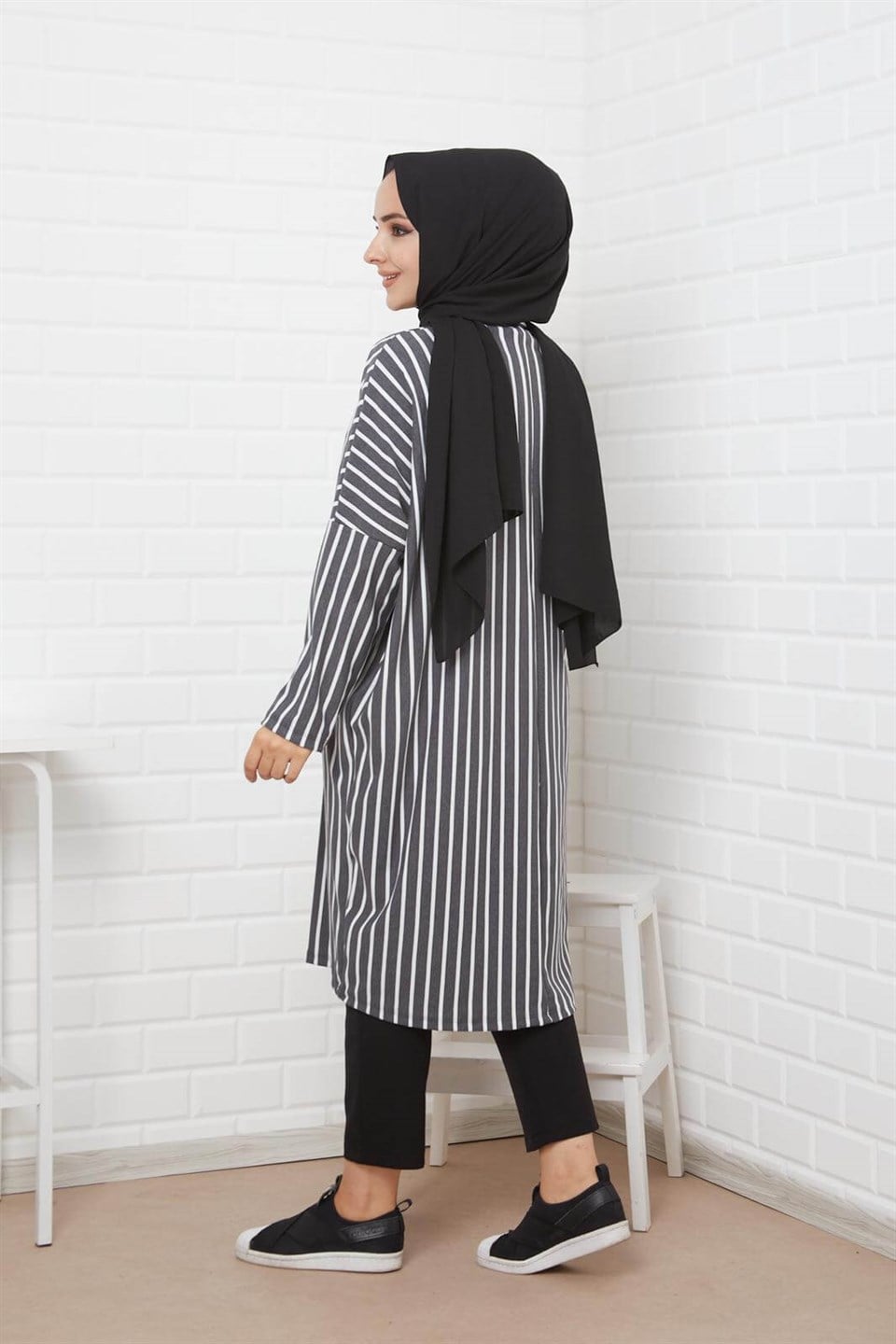 Çizgili Rahat Tesettür Tunik 7318 Füme