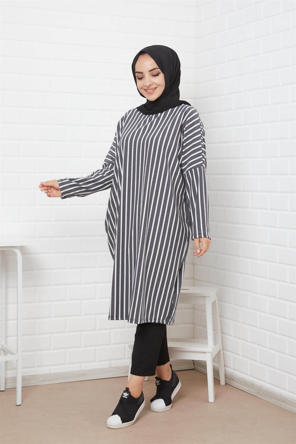 Çizgili Rahat Tesettür Tunik 7318 Füme