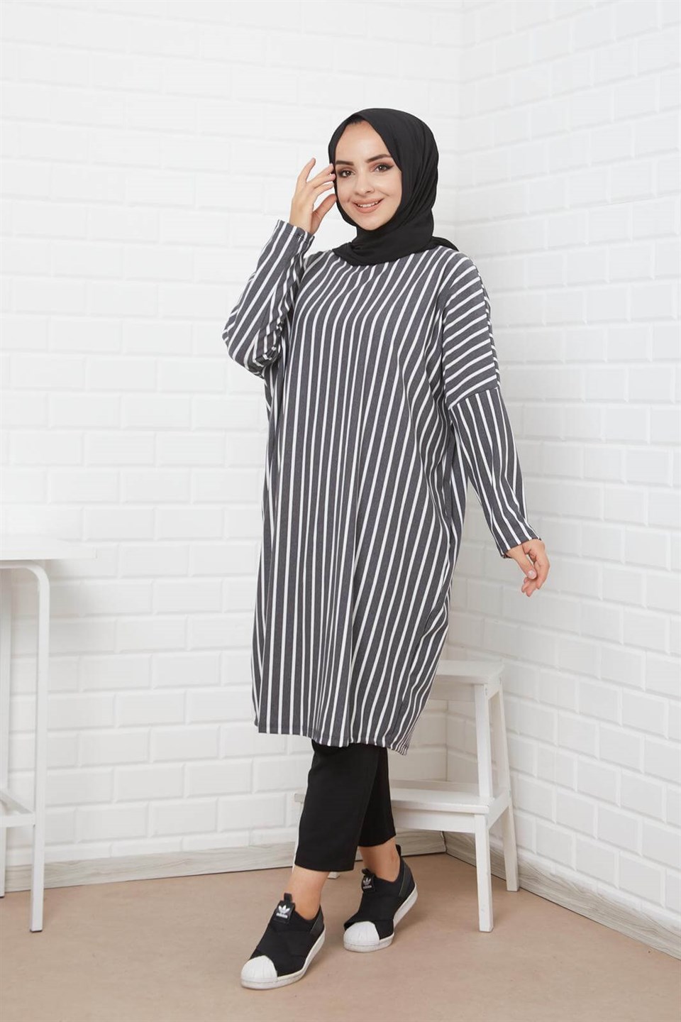 Çizgili Rahat Tesettür Tunik 7318 Füme