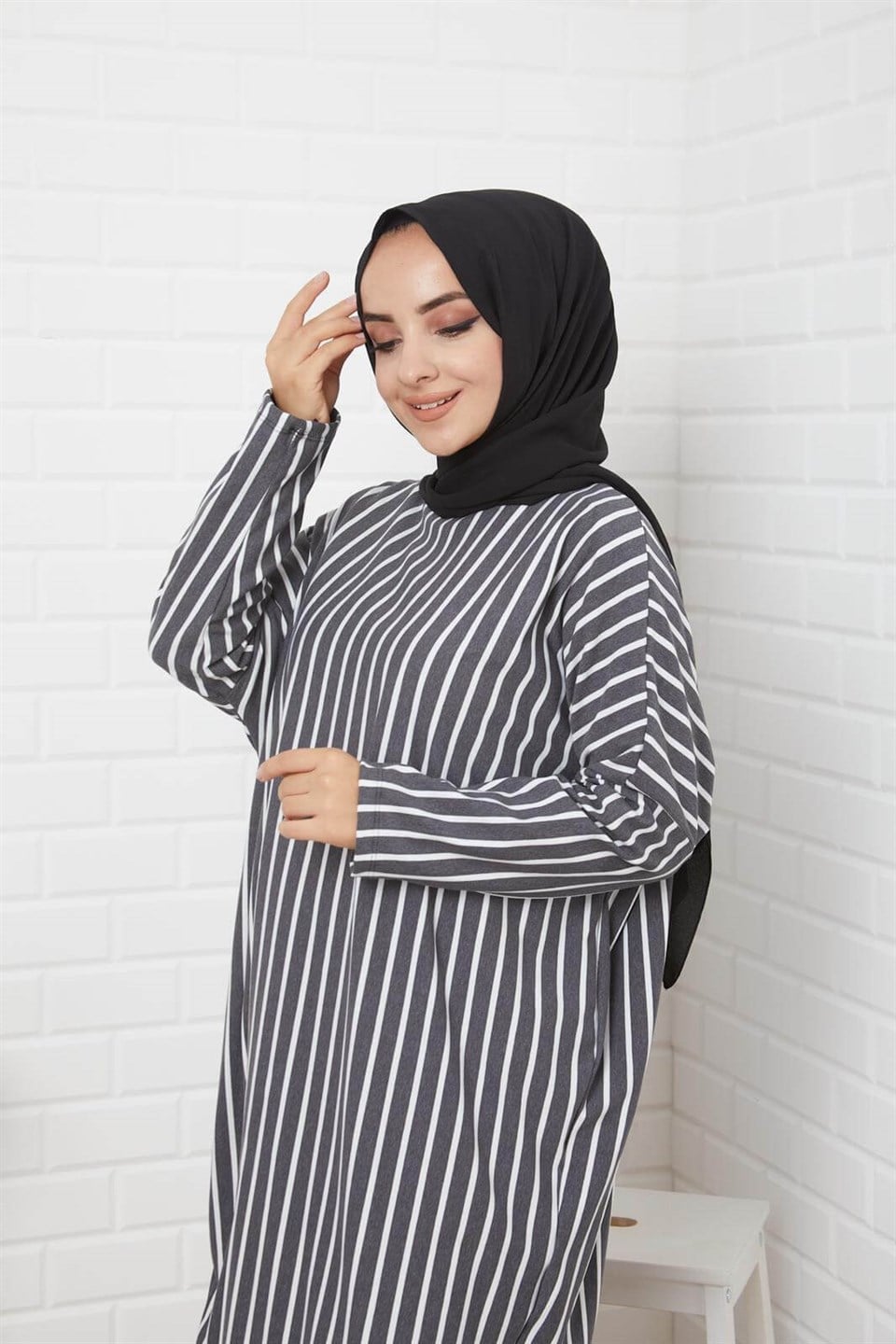 Çizgili Rahat Tesettür Tunik 7318 Füme