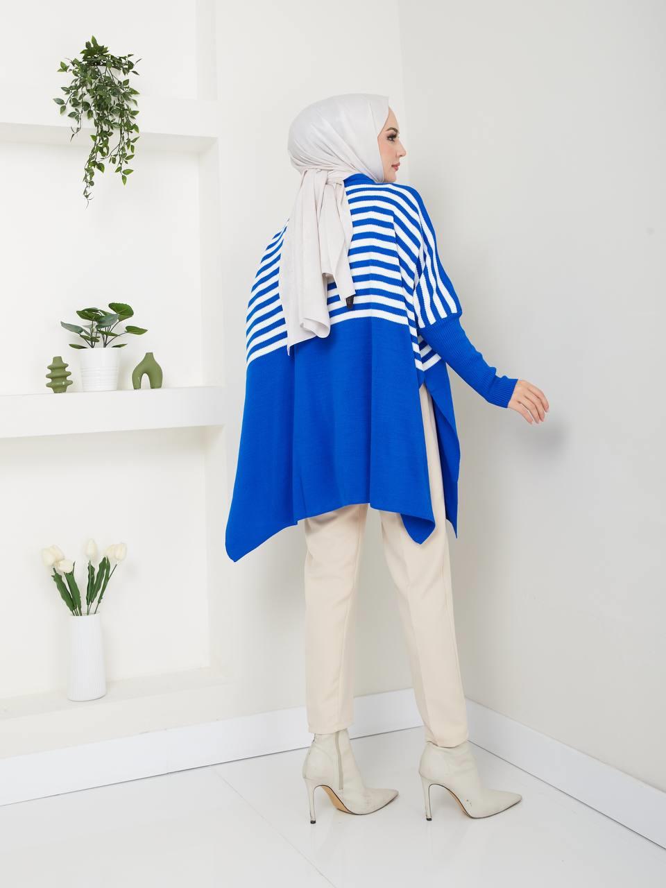 Çizgili Tesettür Triko Panço 5052 Saks Mavisi