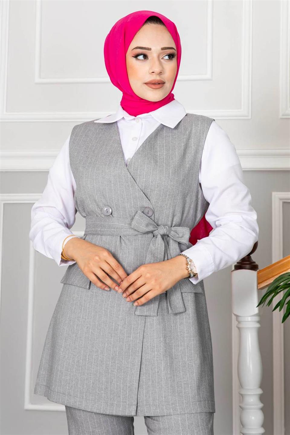 Çizgili Yelek Pantolon Tesetttür Kombin 20434 Gri