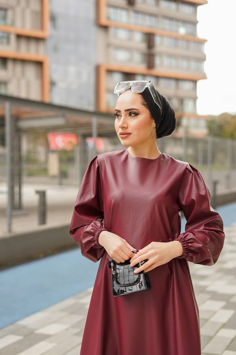 Deri Tesettür Elbise 10619 Bordo