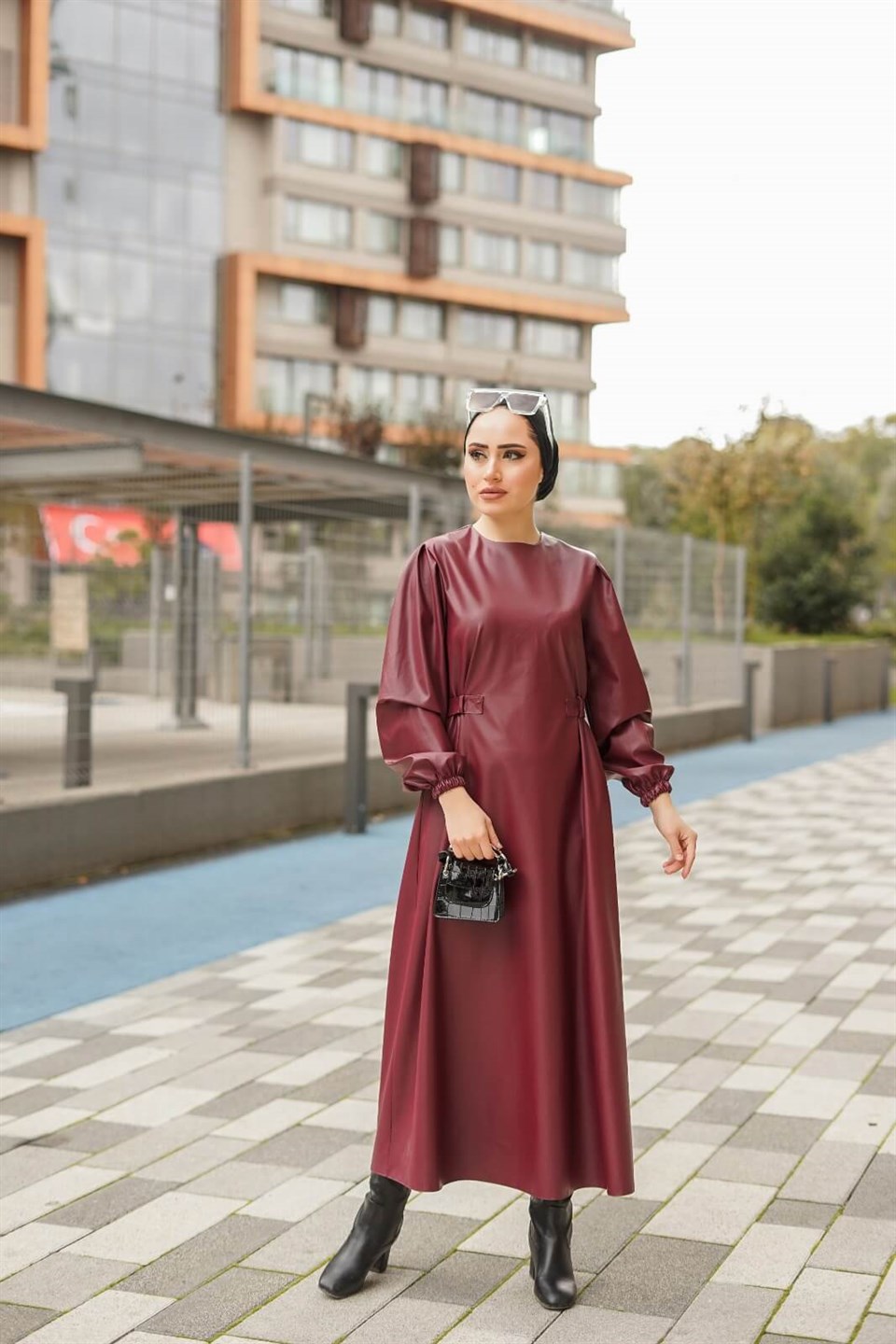 Deri Tesettür Elbise 10619 Bordo