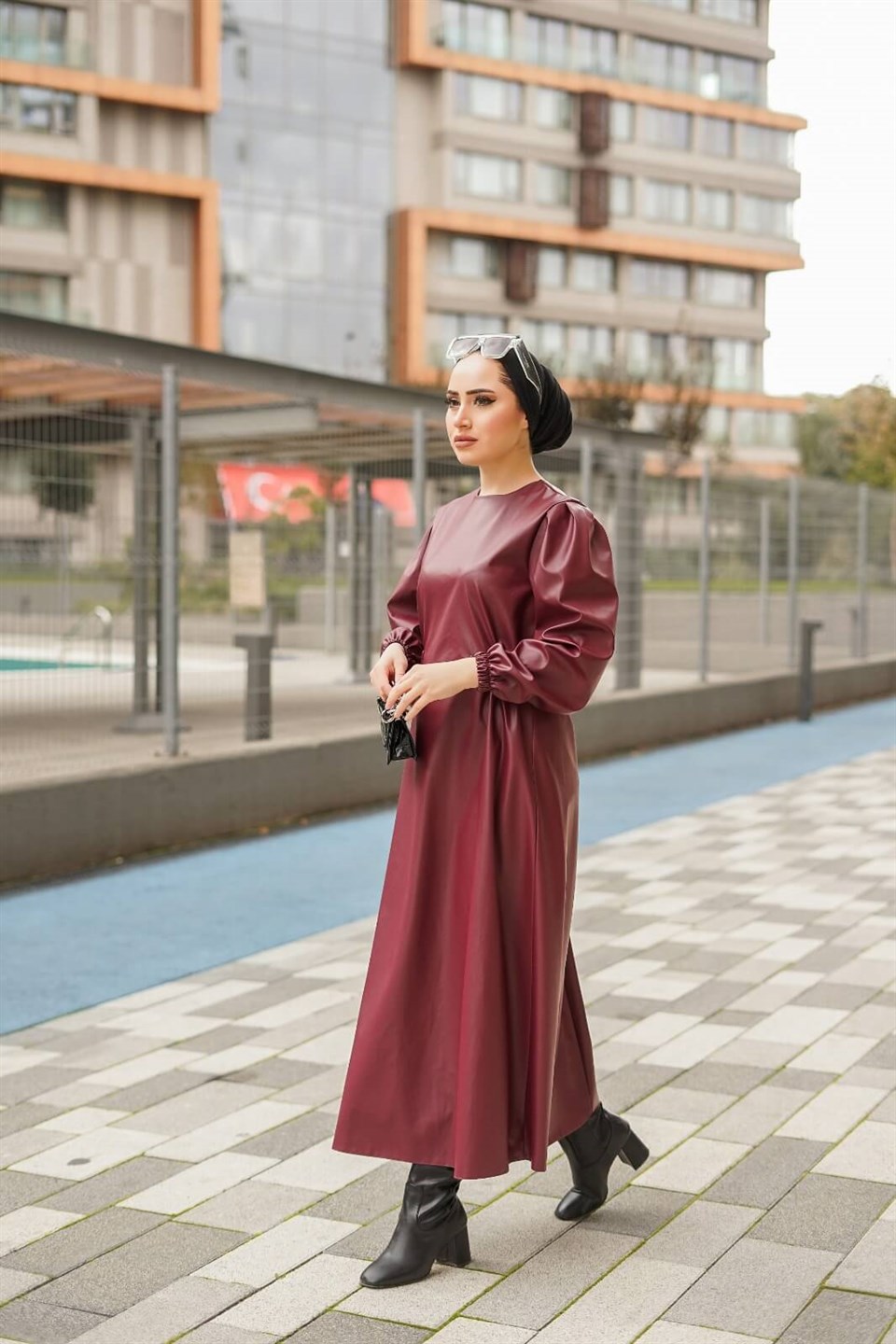 Deri Tesettür Elbise 10619 Bordo