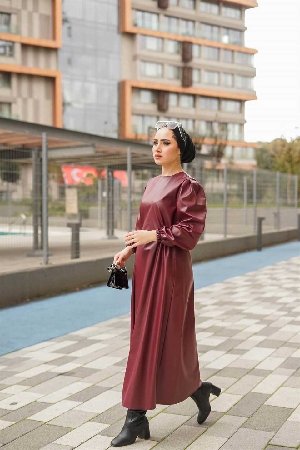 Deri Tesettür Elbise 10619 Bordo