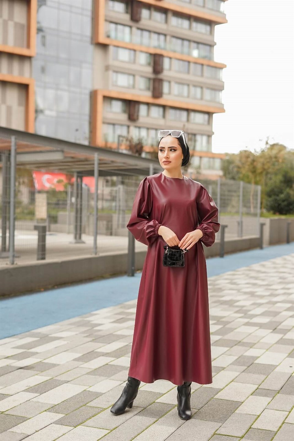 Deri Tesettür Elbise 10619 Bordo