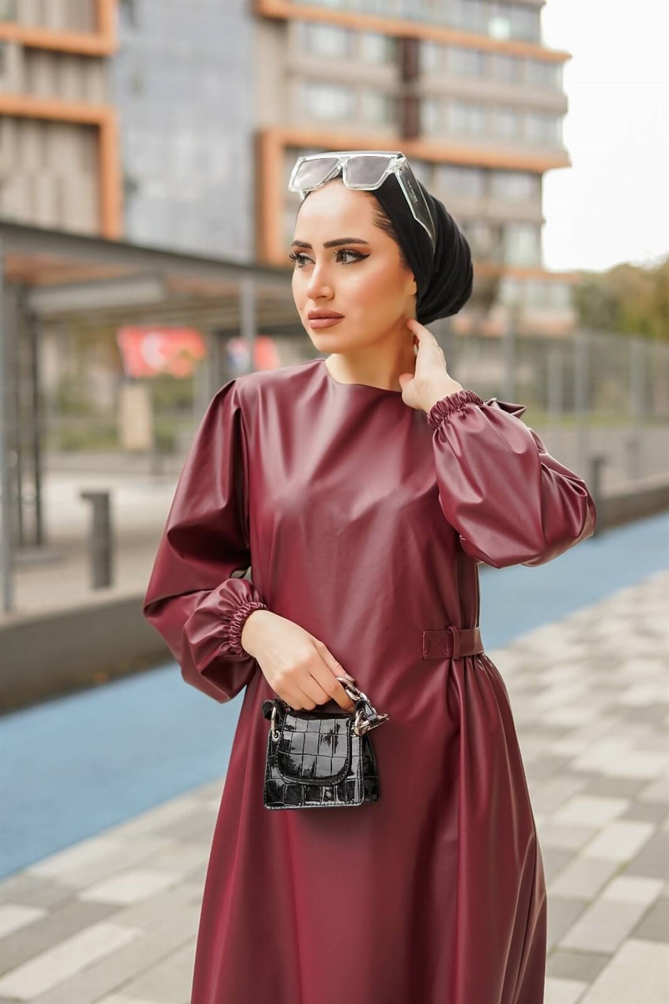 Deri Tesettür Elbise 10619 Bordo