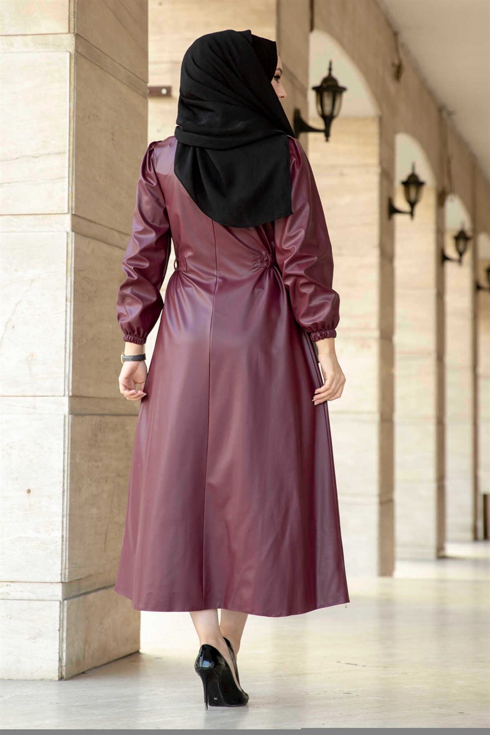 Deri Tesettür Elbise 10619 Bordo