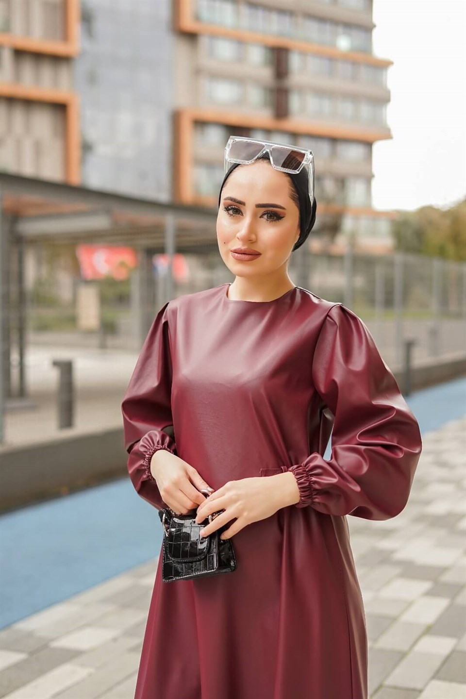 Deri Tesettür Elbise 10619 Bordo