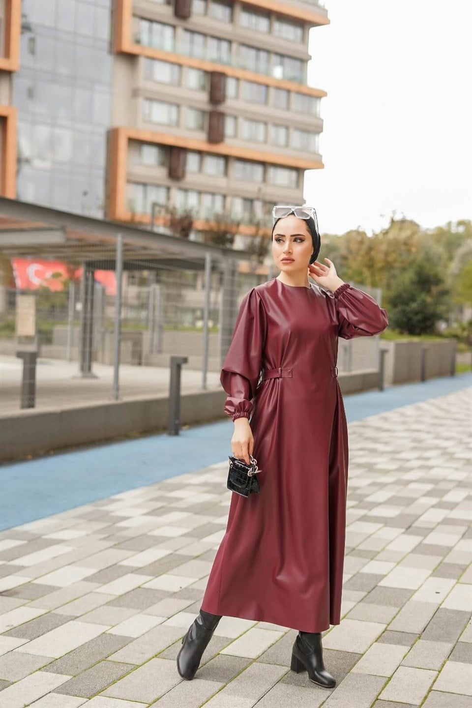 Deri Tesettür Elbise 10619 Bordo