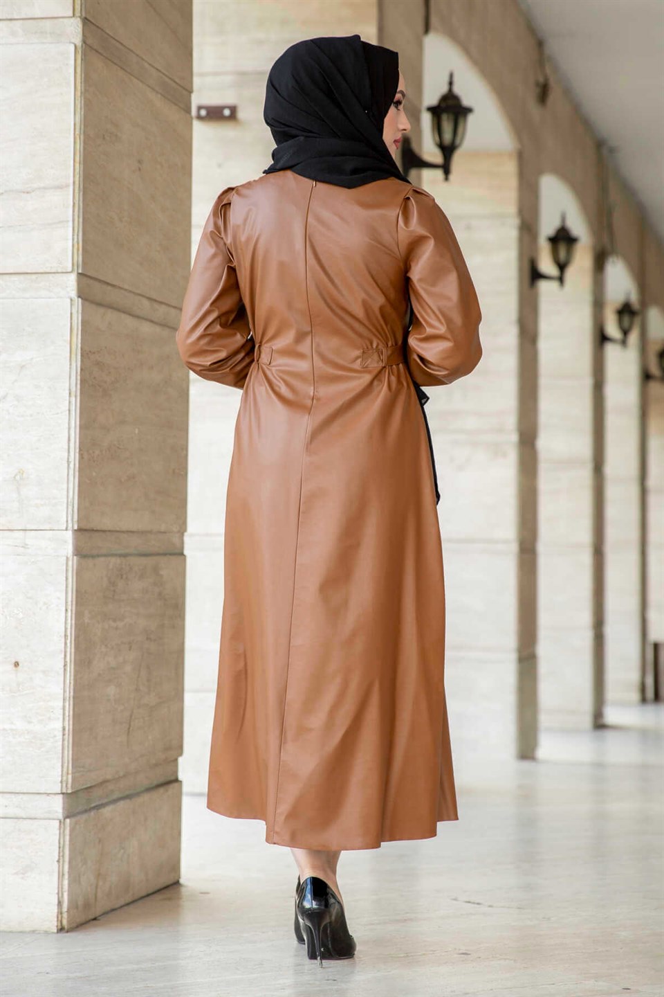 Deri Tesettür Elbise 10619 Taba