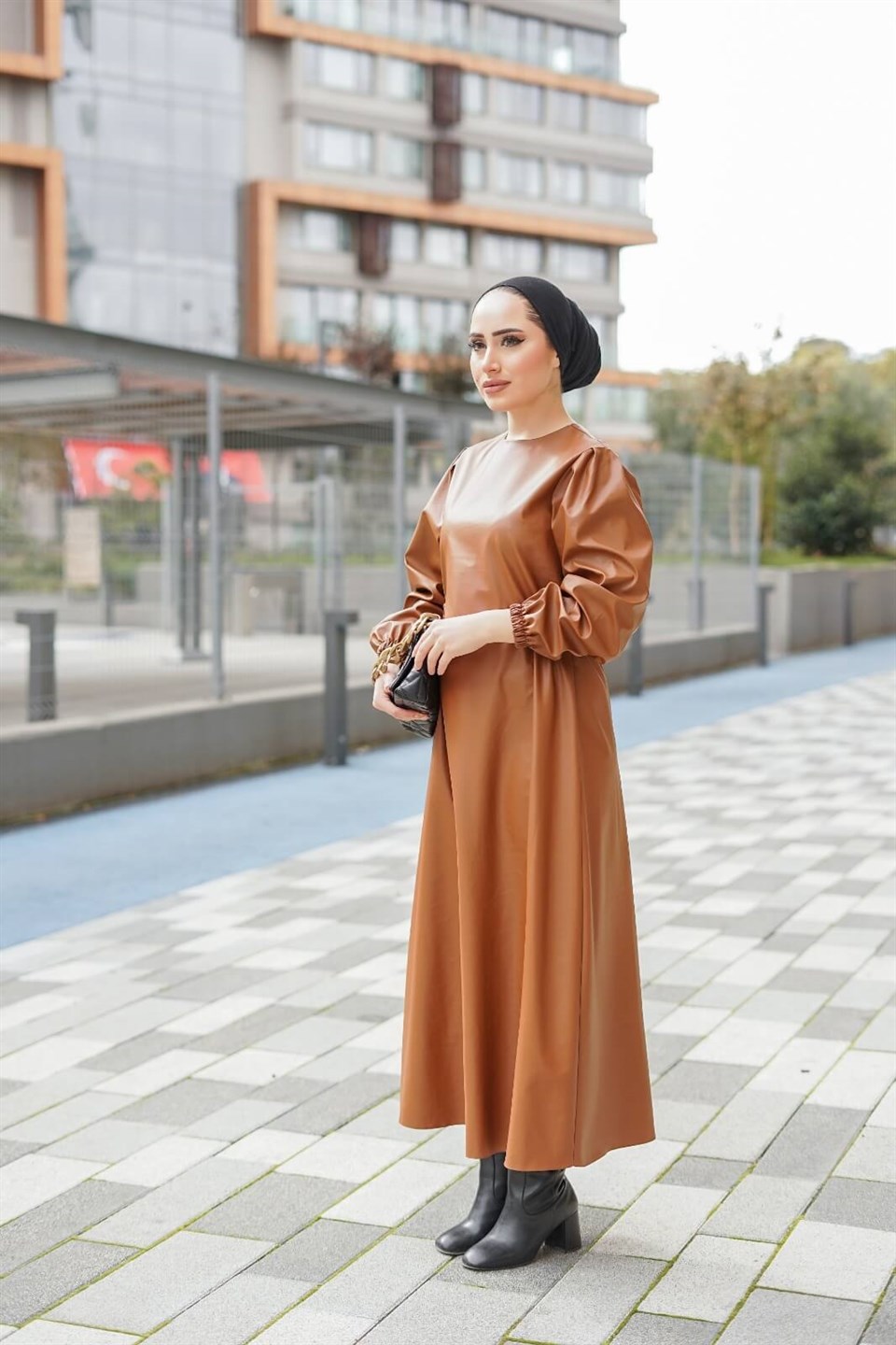 Deri Tesettür Elbise 10619 Taba