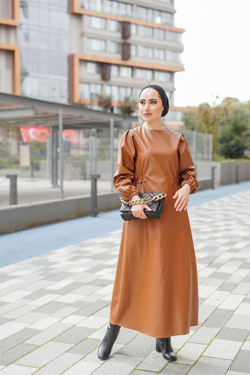 Deri Tesettür Elbise 10619 Taba