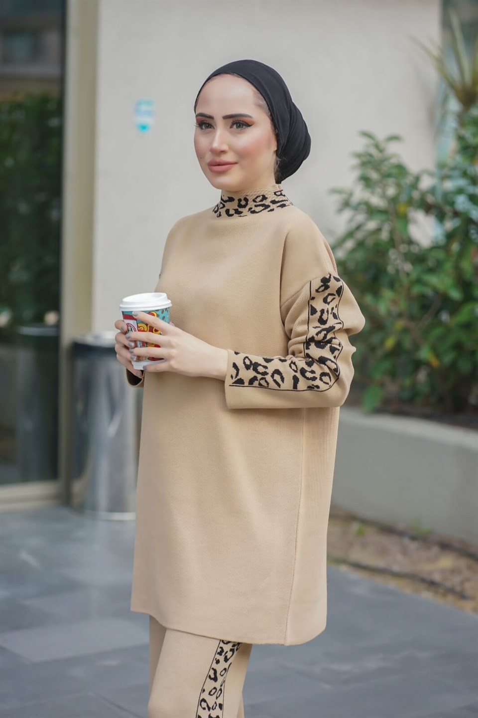 Desenli Şerti Tunik Pantolon 2'li Takım 8897 Bej