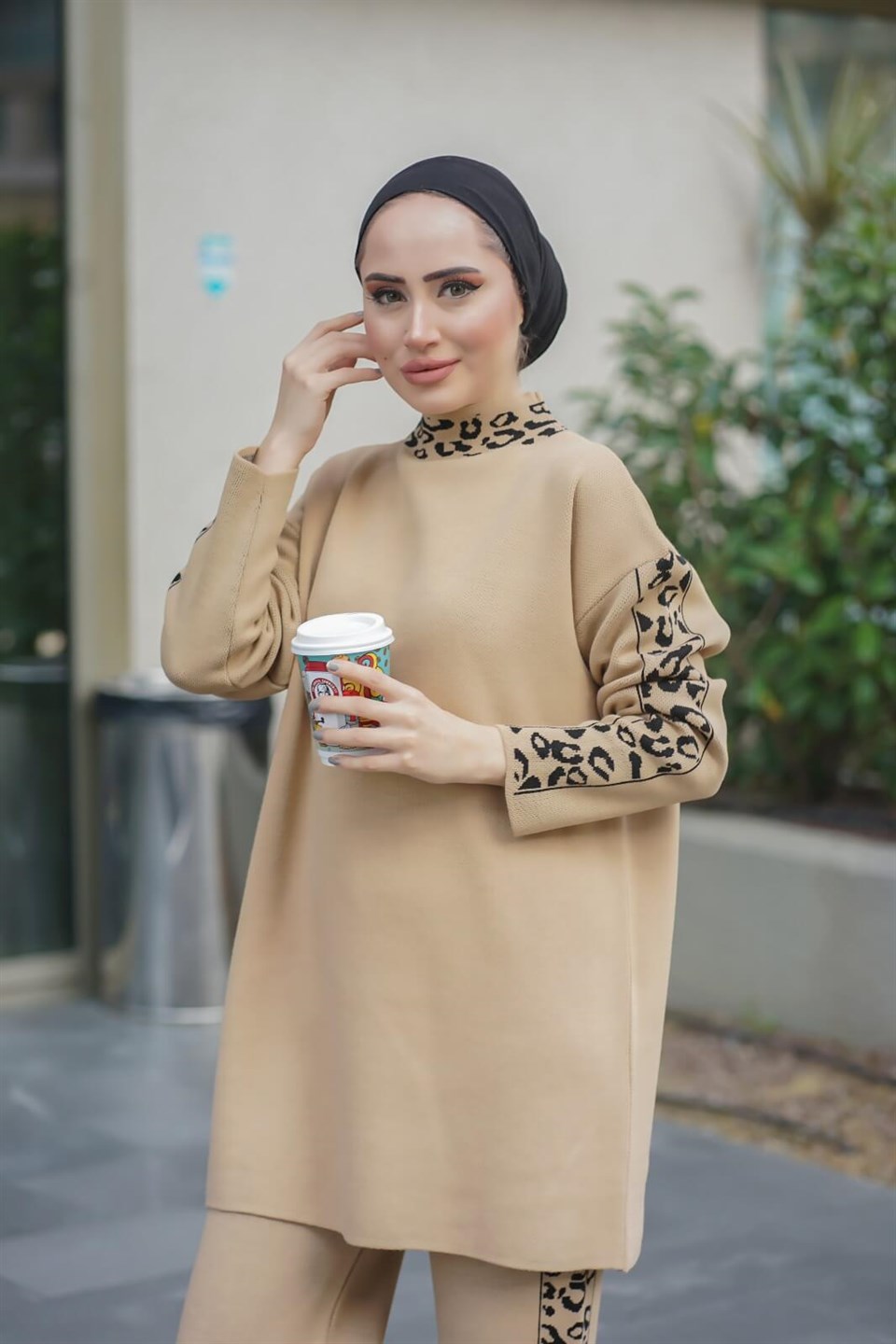 Desenli Şerti Tunik Pantolon 2'li Takım 8897 Bej