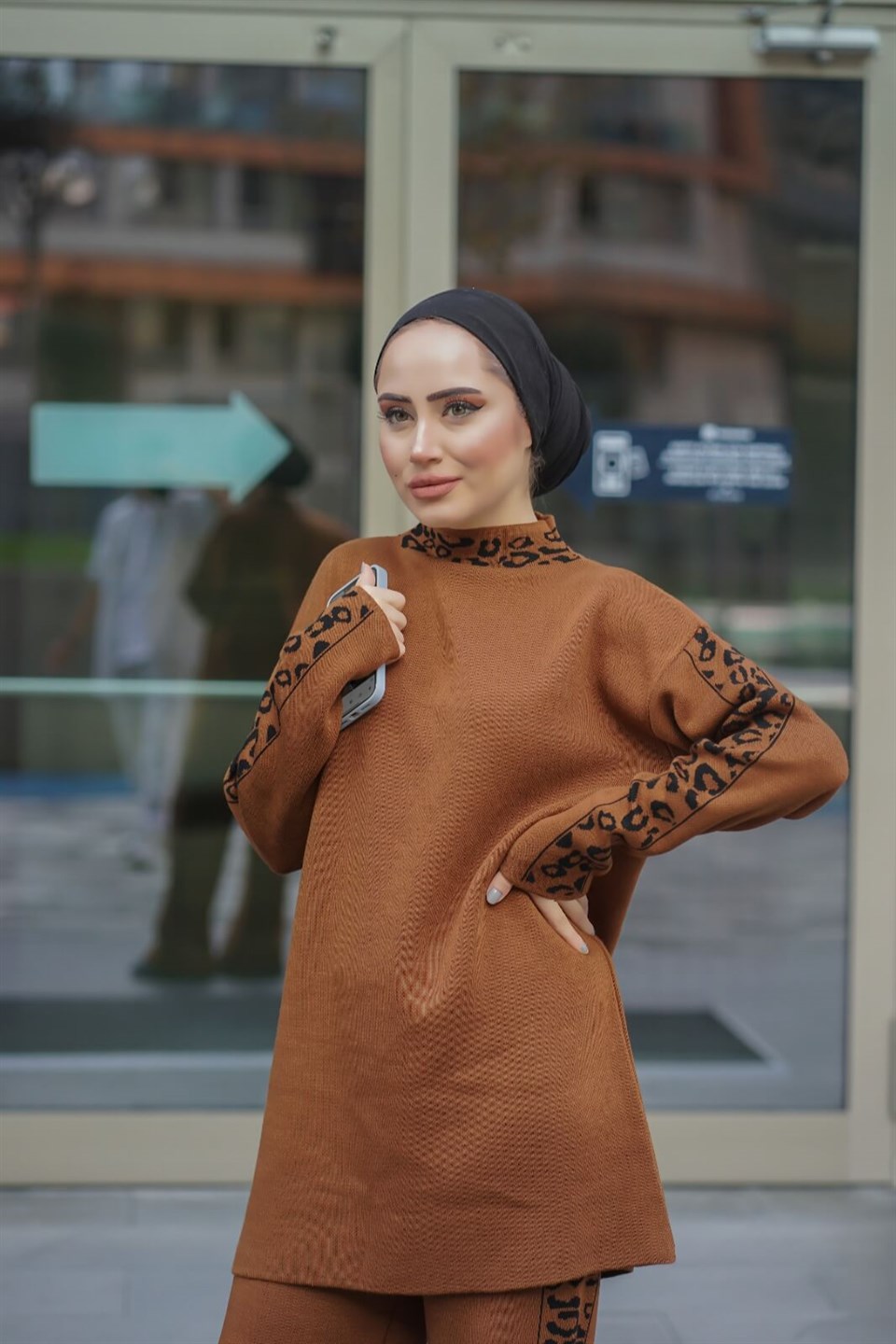 Desenli Şerti Tunik Pantolon 2'li Triko Takım 8897 Taba