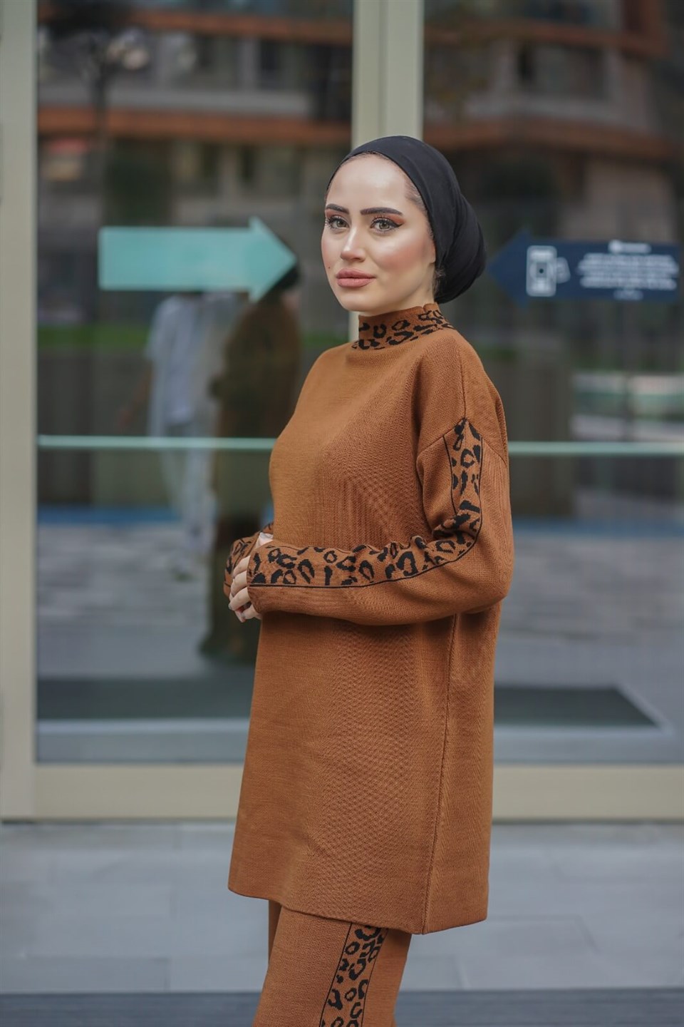 Desenli Şerti Tunik Pantolon 2'li Triko Takım 8897 Taba