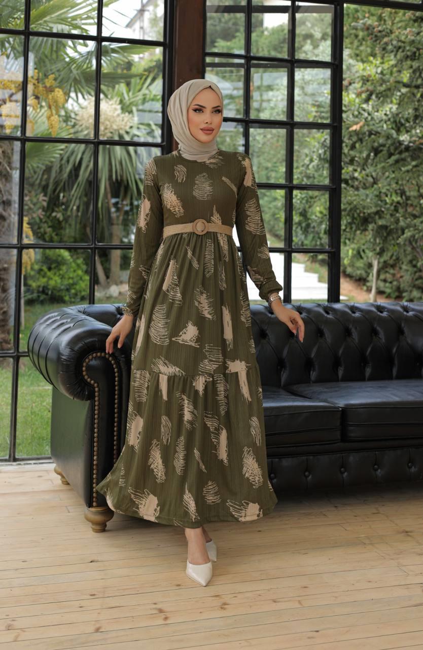 Fırça Desenli Hasır Kemerli Tesettür Elbise 2258 Haki