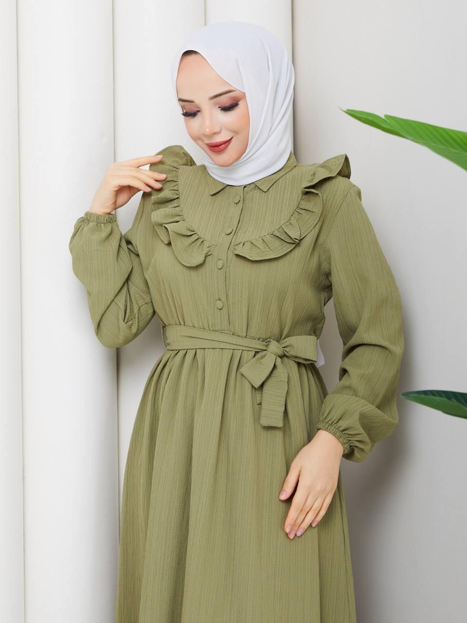 Fırfır Detaylı Tesettür Elbise 2294 Haki