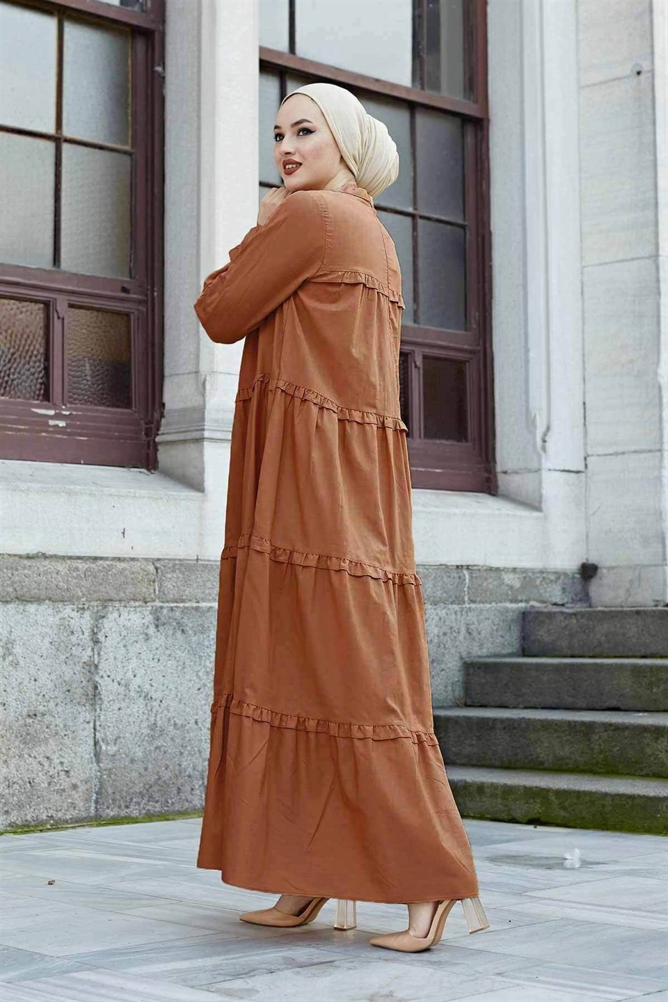 Fırfırlı Salaş Tesettür Elbise 10253 Taba