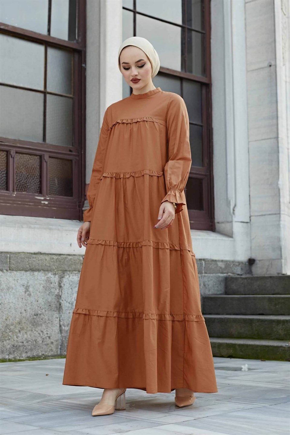 Fırfırlı Salaş Tesettür Elbise 10253 Taba