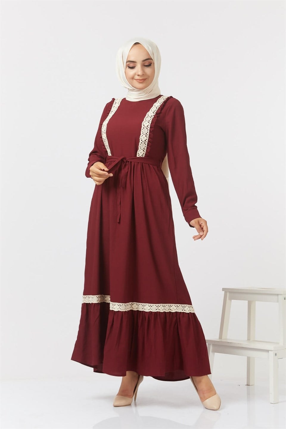 Fisto Şeritli Tesettür Elbise 0243 Bordo