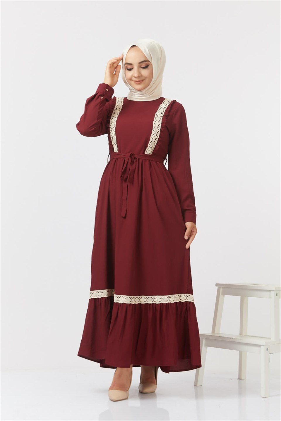 Fisto Şeritli Tesettür Elbise 0243 Bordo