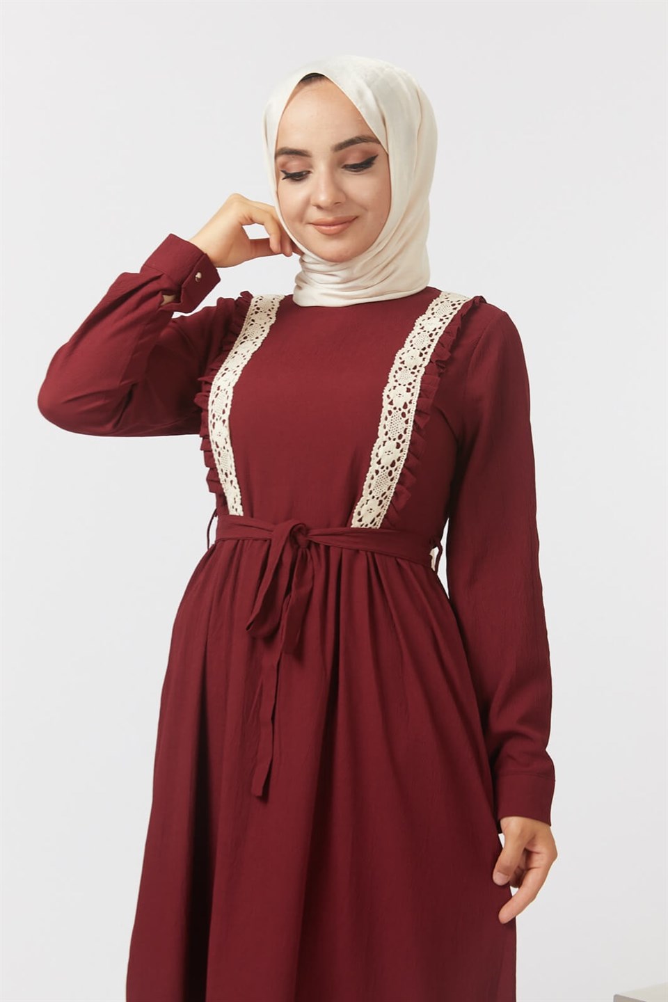 Fisto Şeritli Tesettür Elbise 0243 Bordo