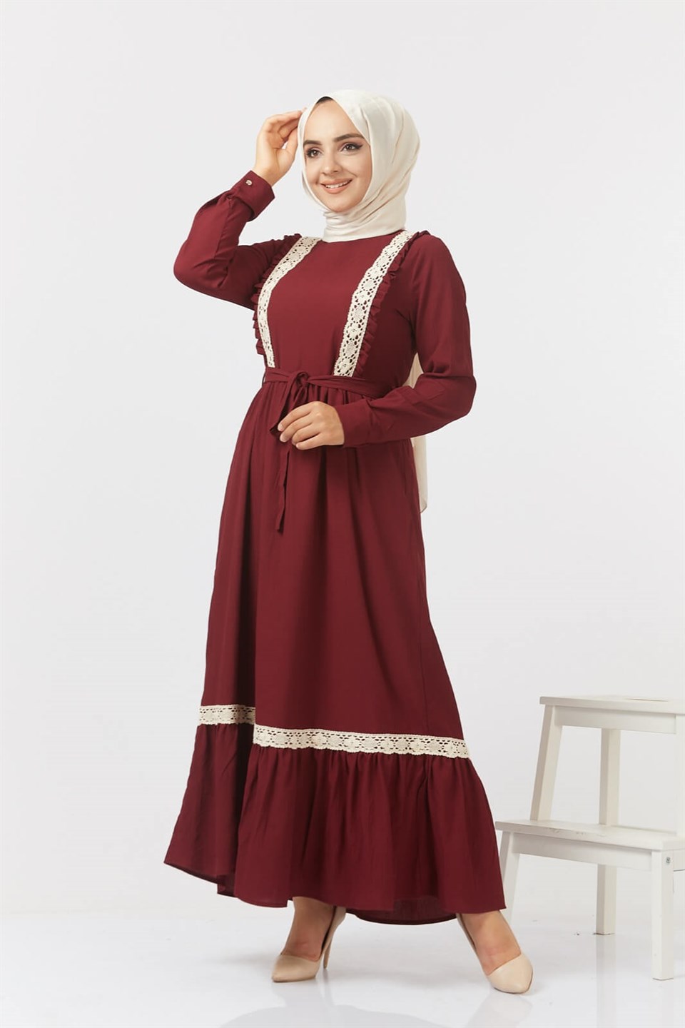 Fisto Şeritli Tesettür Elbise 0243 Bordo