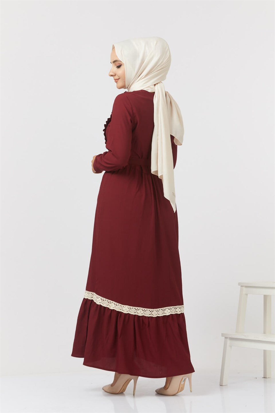 Fisto Şeritli Tesettür Elbise 0243 Bordo