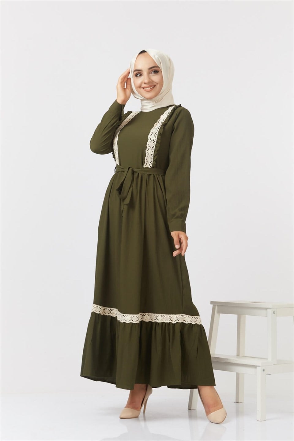 Fisto Şeritli Tesettür Elbise 0243 Haki