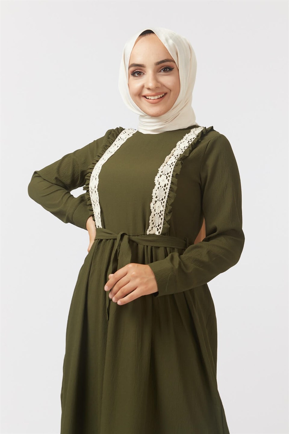 Fisto Şeritli Tesettür Elbise 0243 Haki