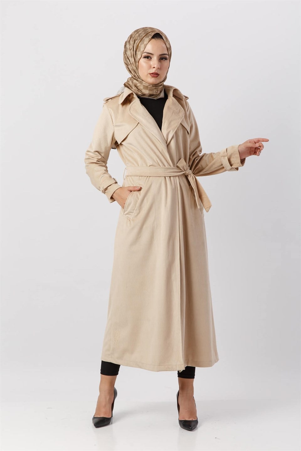 Giy Çık Kadife Trençkot 5872 Taş