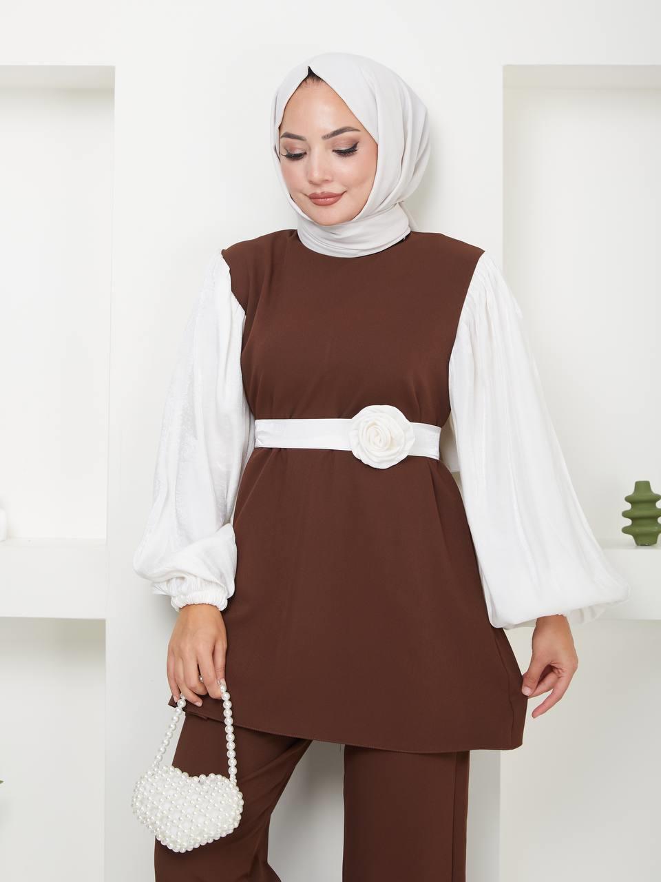 Gül Detaylı Tesettür Kombin 5044 Kahverengi