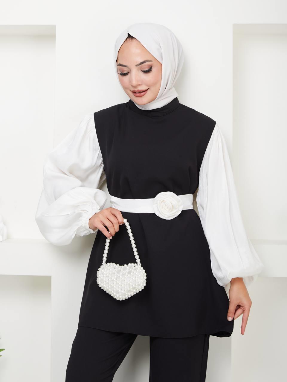 Gül Detaylı Tesettür Kombin 5044 Siyah