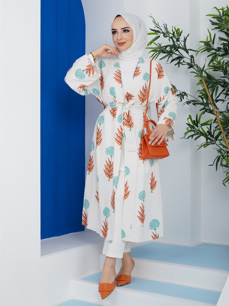Karahindiba Desenli Tesettür Kimono 10959 Turuncu
