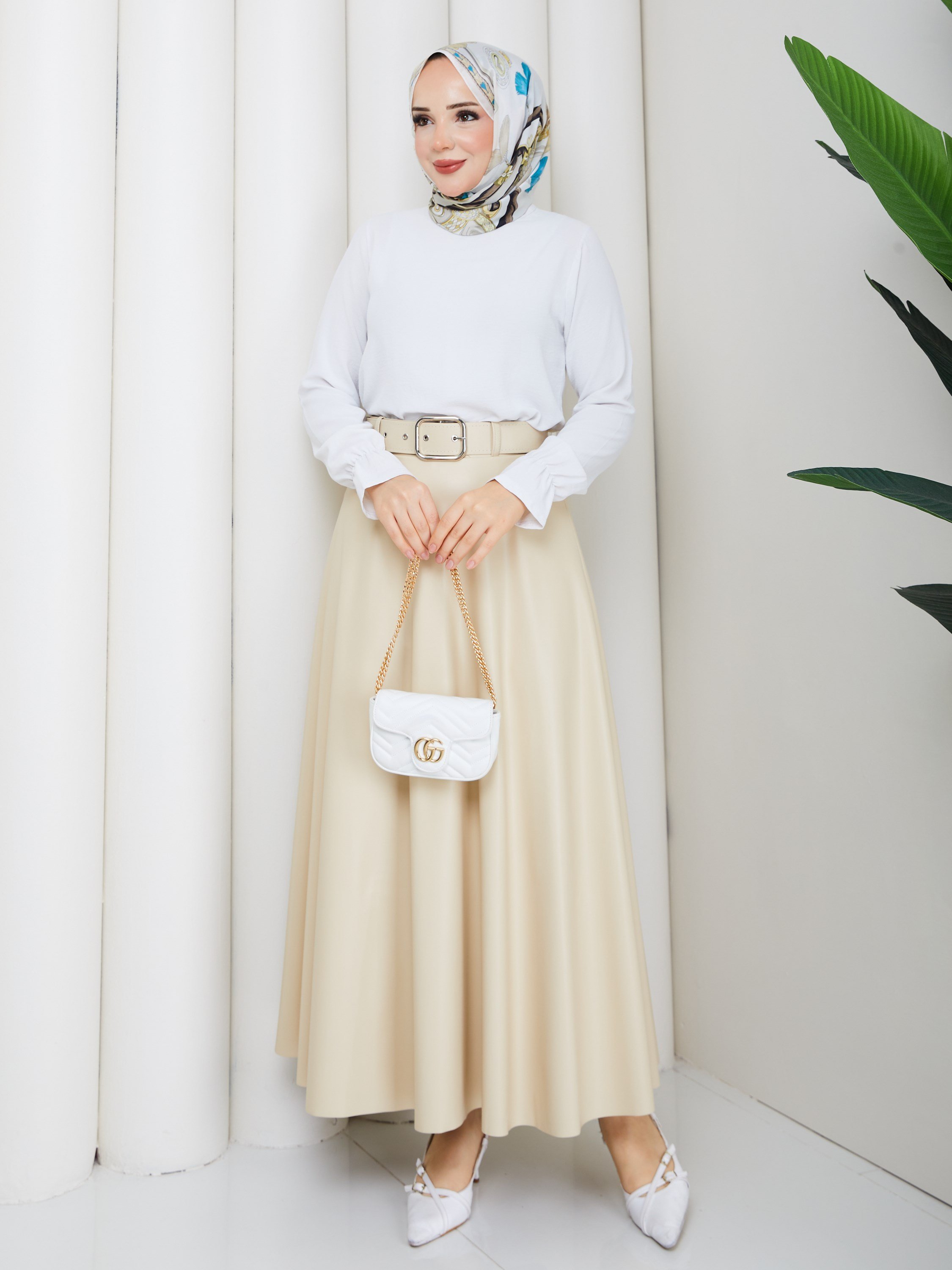 KEMERLİ DERİ ETEK BEJ