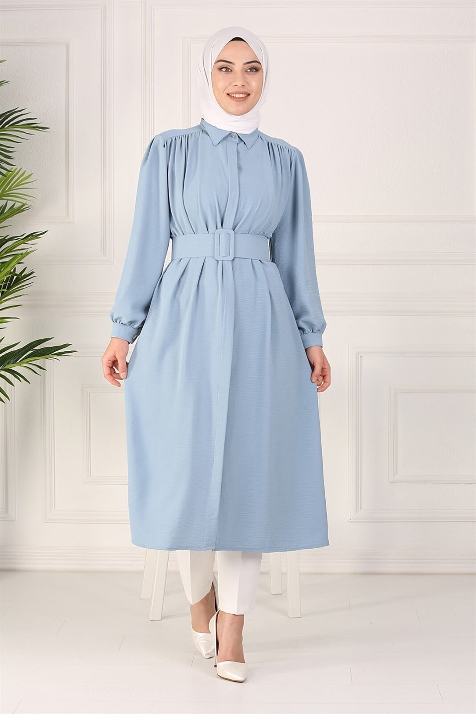 Kemerli Tesettür Tunik Kap 10345 Bebe Mavisi
