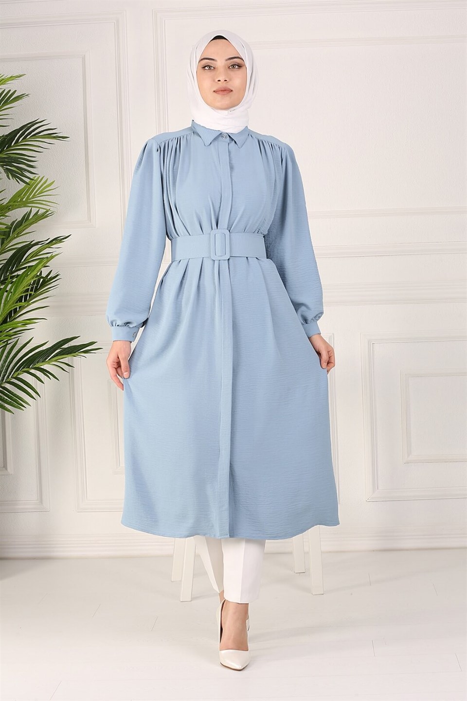 Kemerli Tesettür Tunik Kap 10345 Bebe Mavisi