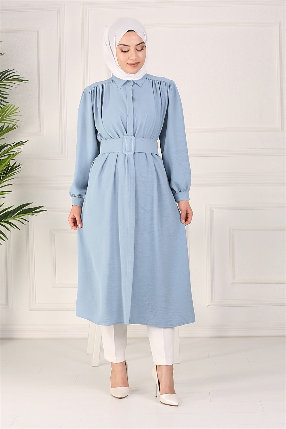 Kemerli Tesettür Tunik Kap 10345 Bebe Mavisi