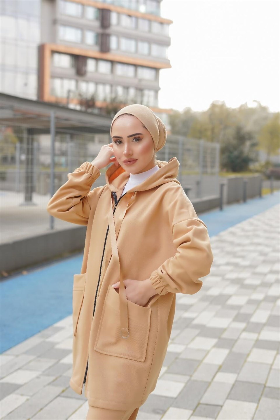 Kurdele Detaylı Tesettür 2'li Takım 10675 Sütlü Kahve