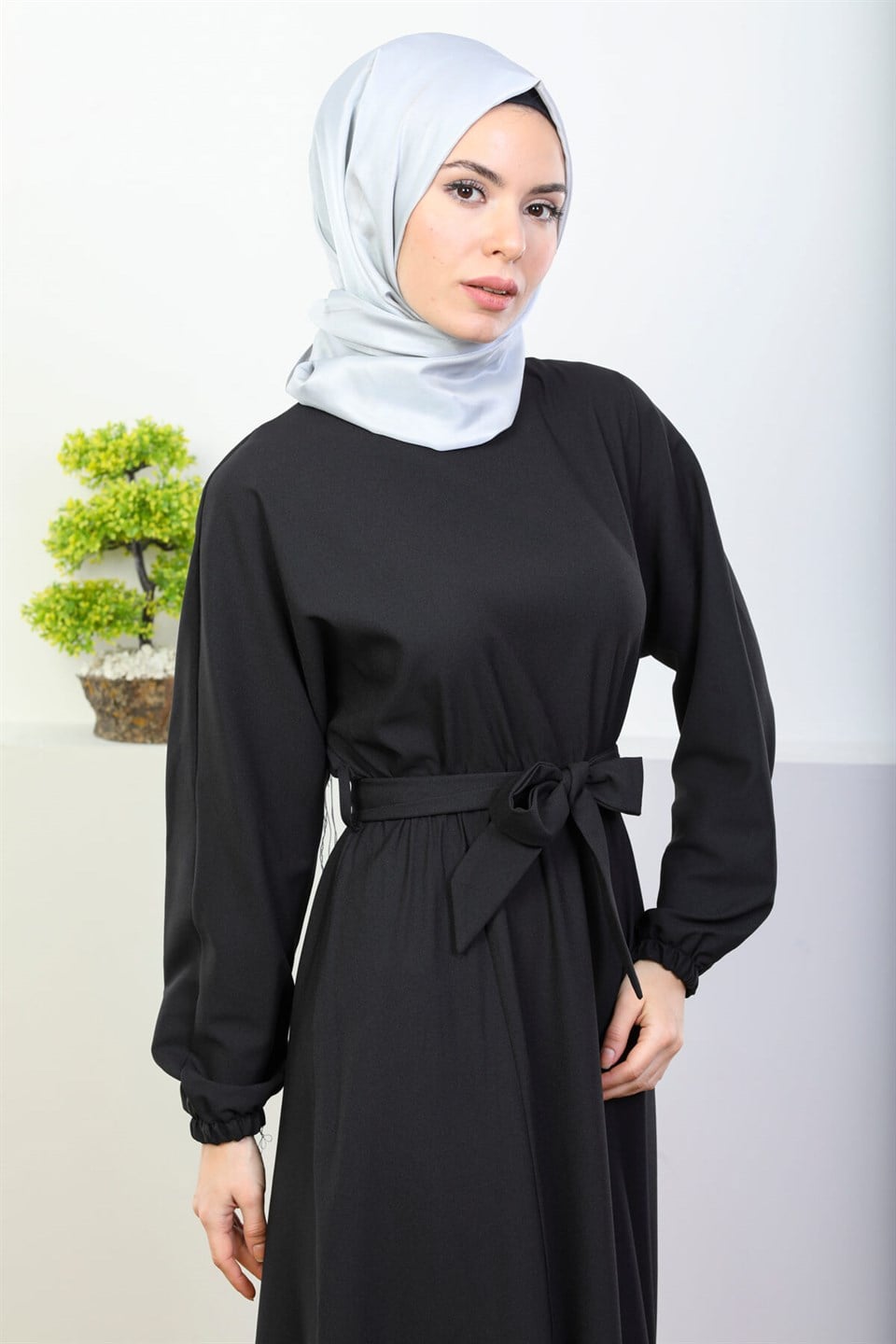 Kuşak Kemerlı Tesettür Elbise 7053 Siyah