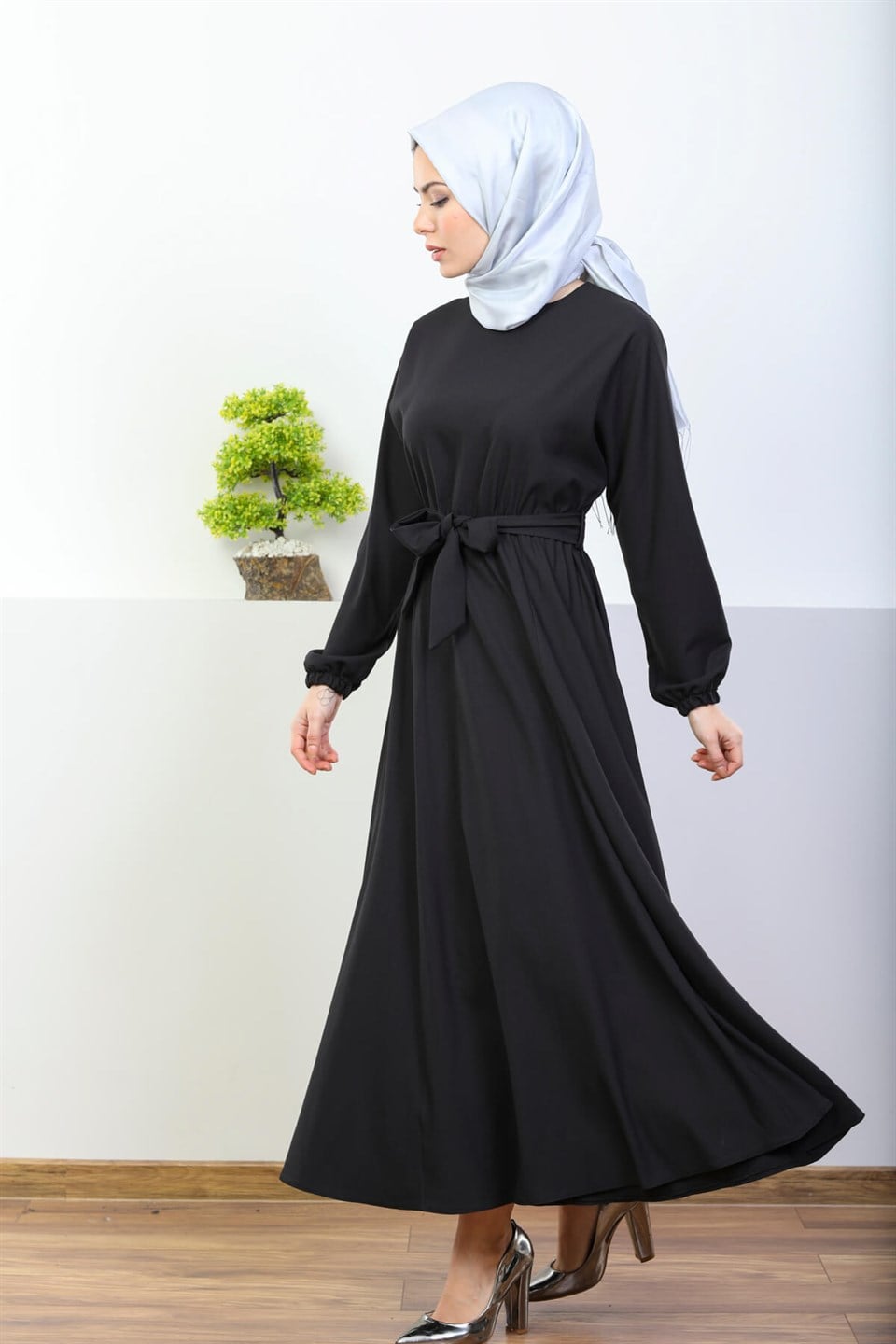 Kuşak Kemerlı Tesettür Elbise 7053 Siyah