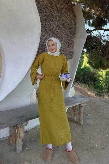 Kuşaklı Tesettür Triko Elbise 3023 Hardal