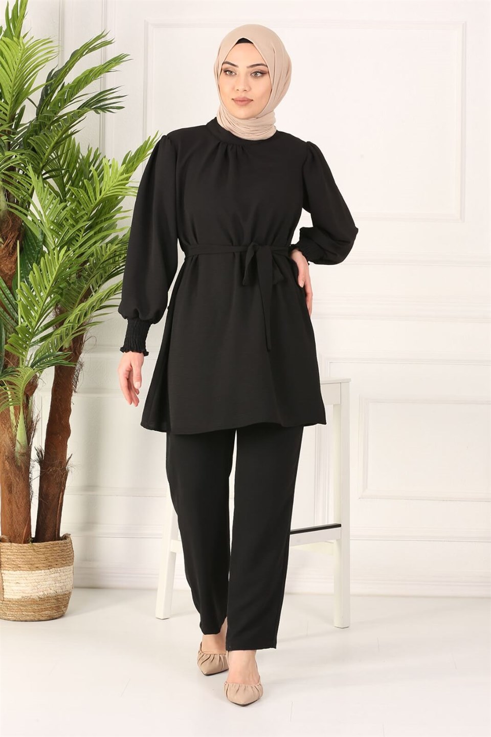 Kuşaklı Tunik Pantolon Kombin 7165 Siyah